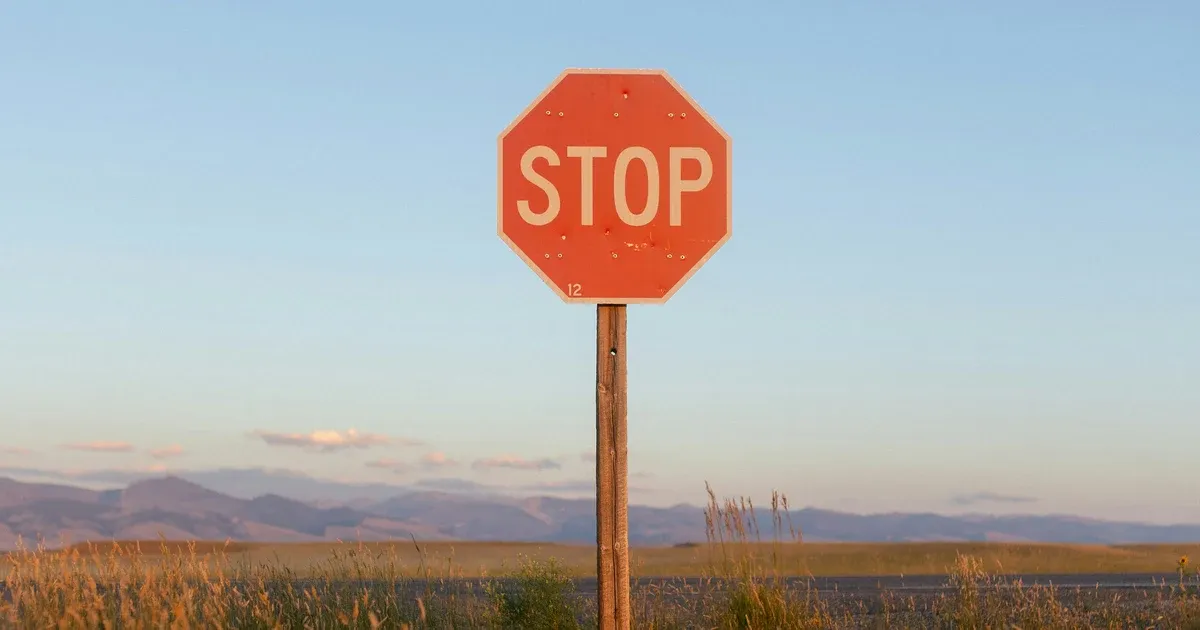 Weathered red stop sign in a sunlit grassy field, with distant mountains under a blue sky